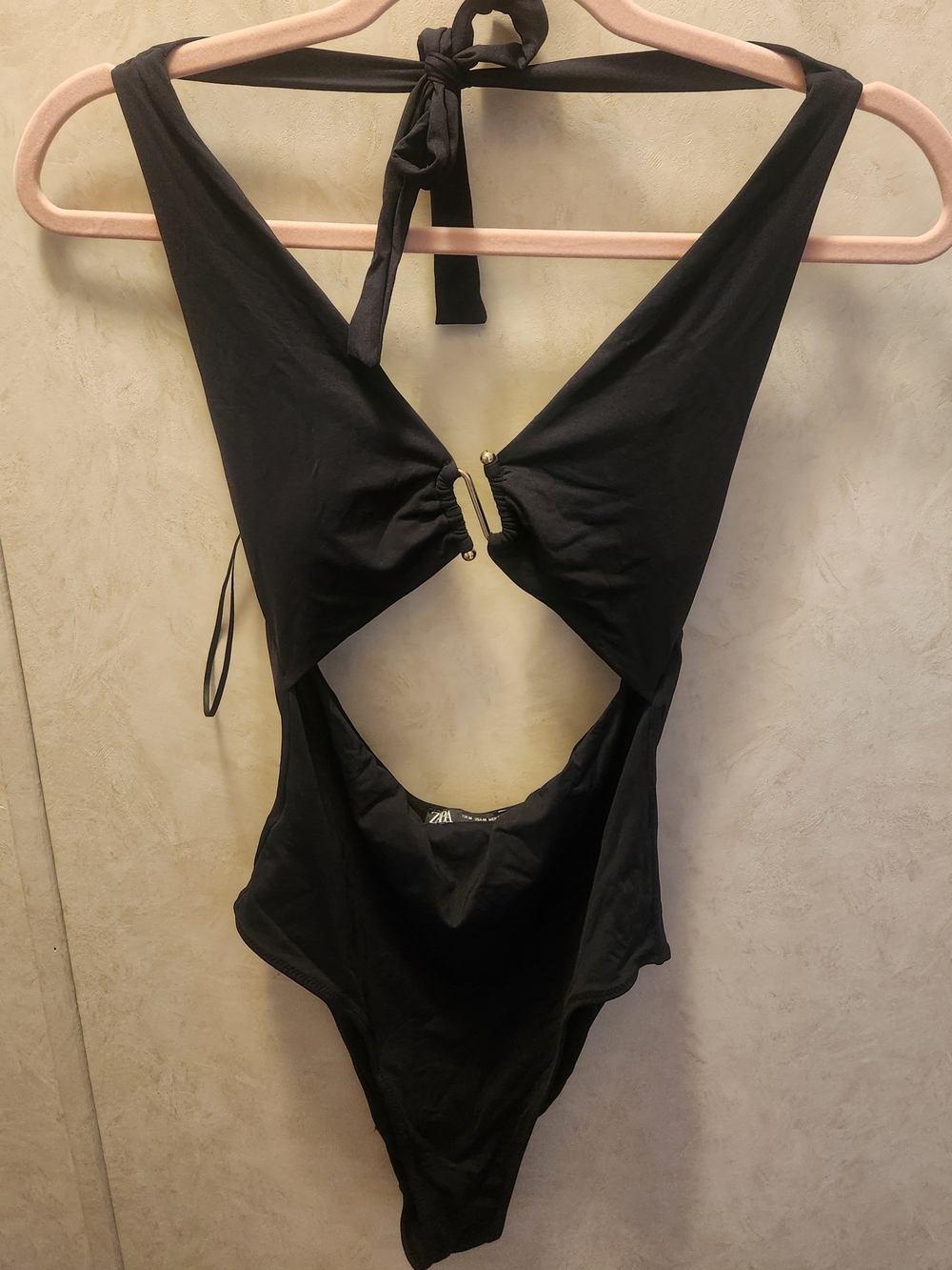 Zara Black One-Piece Swimsuit with Subtle Ring Accent